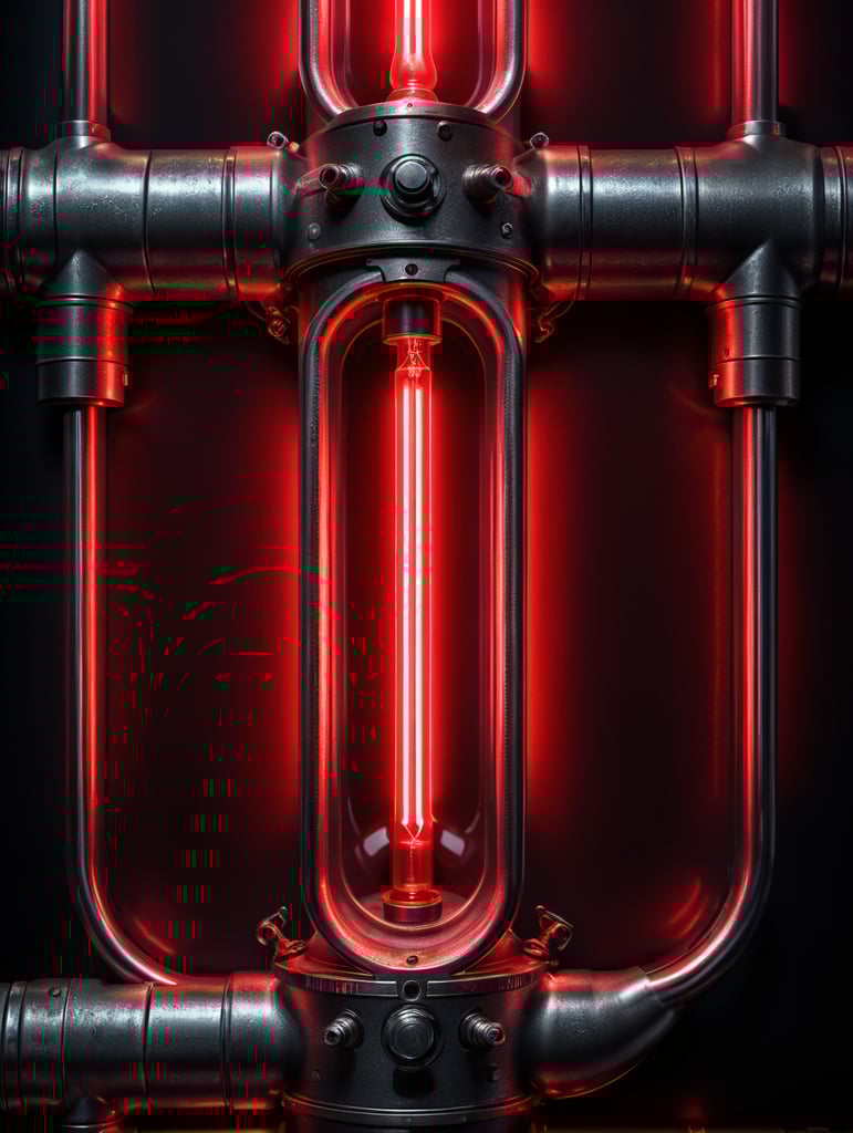 Close-up photo of a neon tube glowing with a bright red light, isolated, black background