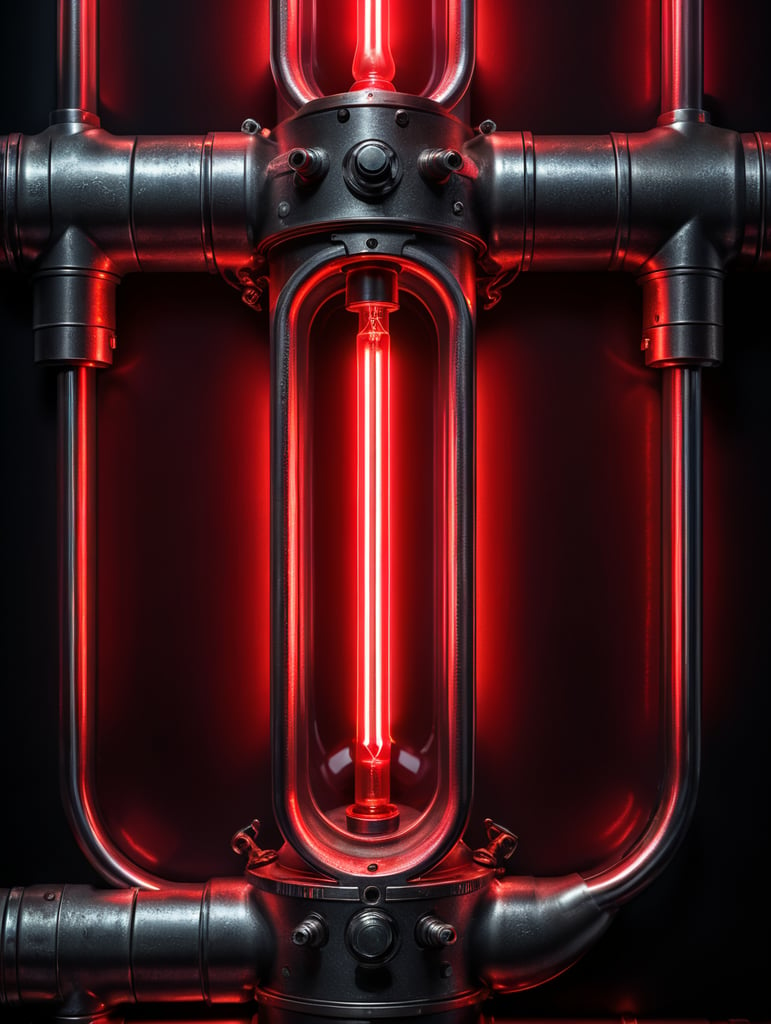 Close-up photo of a neon tube glowing with a bright red light, isolated, black background