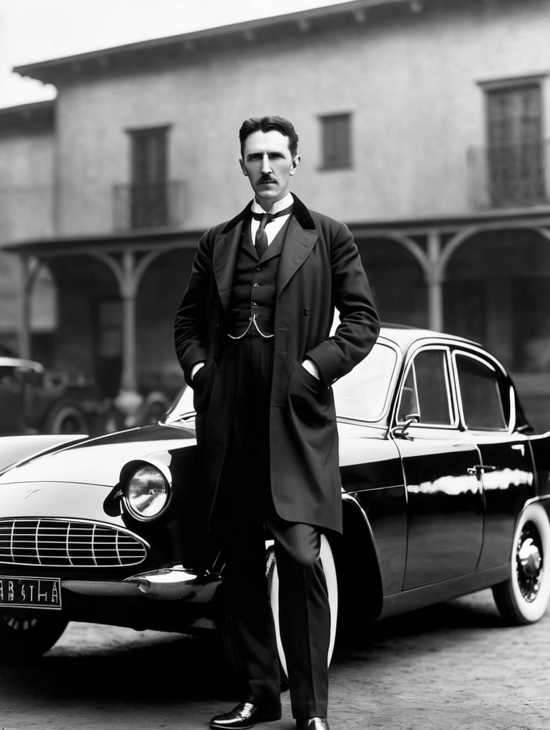 Nikola Tesla looks directly into the camera, with a Tesla car standing behind him.