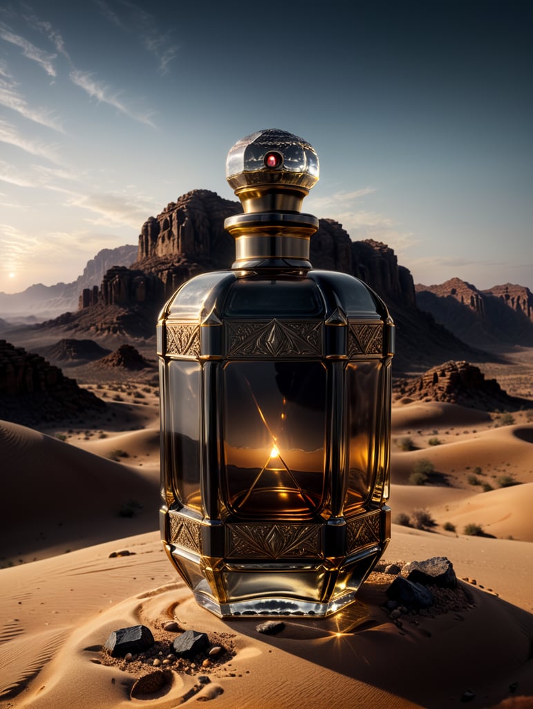 professional photography of a luxury perfume bottle in the desert, no label, clear, mockup