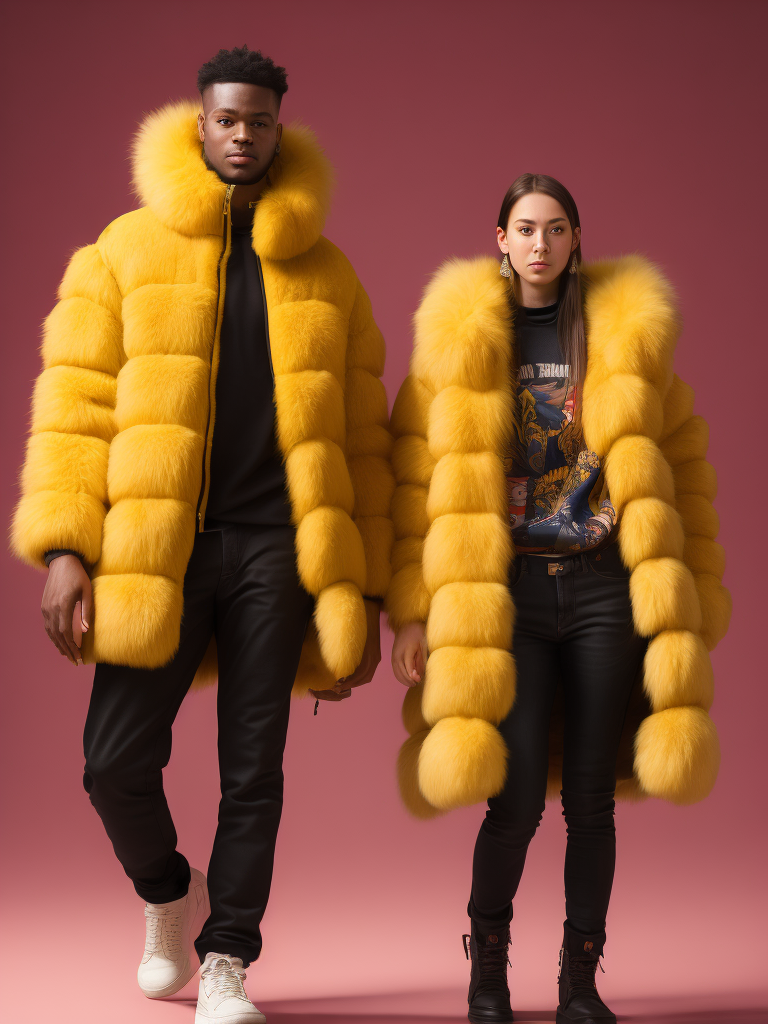 Man and women wearing a very fluffy jackets, yellow fluffy jackets, on a pink background, bright colors