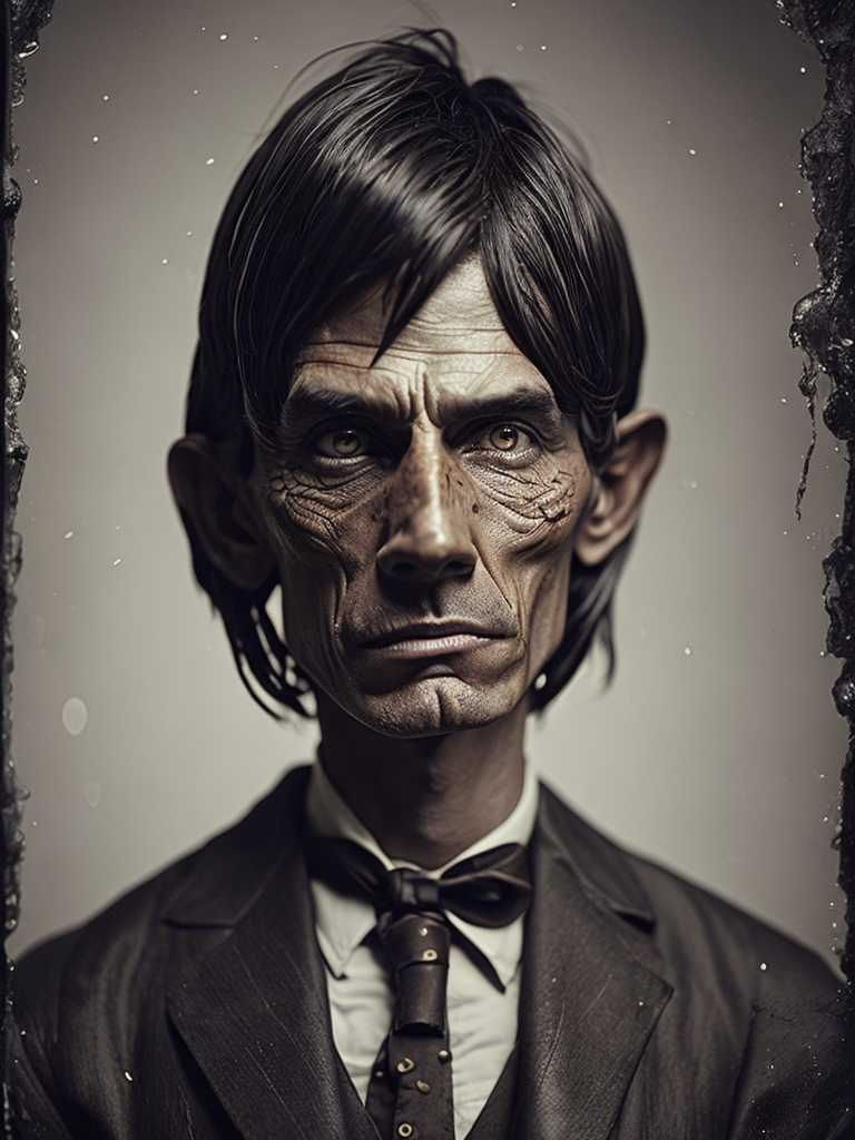 a wet plate photograph of a scary wooden Pinocchio with very long wooden nose and dark bob haircut, neutral emotions on his face