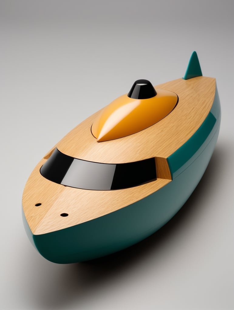 Bath toy chubby 1950s high speed racing boat designed by Dieter Rams. Simplistic minimalist post modernist product design. Oak and injection molded plastic. Full object in view.