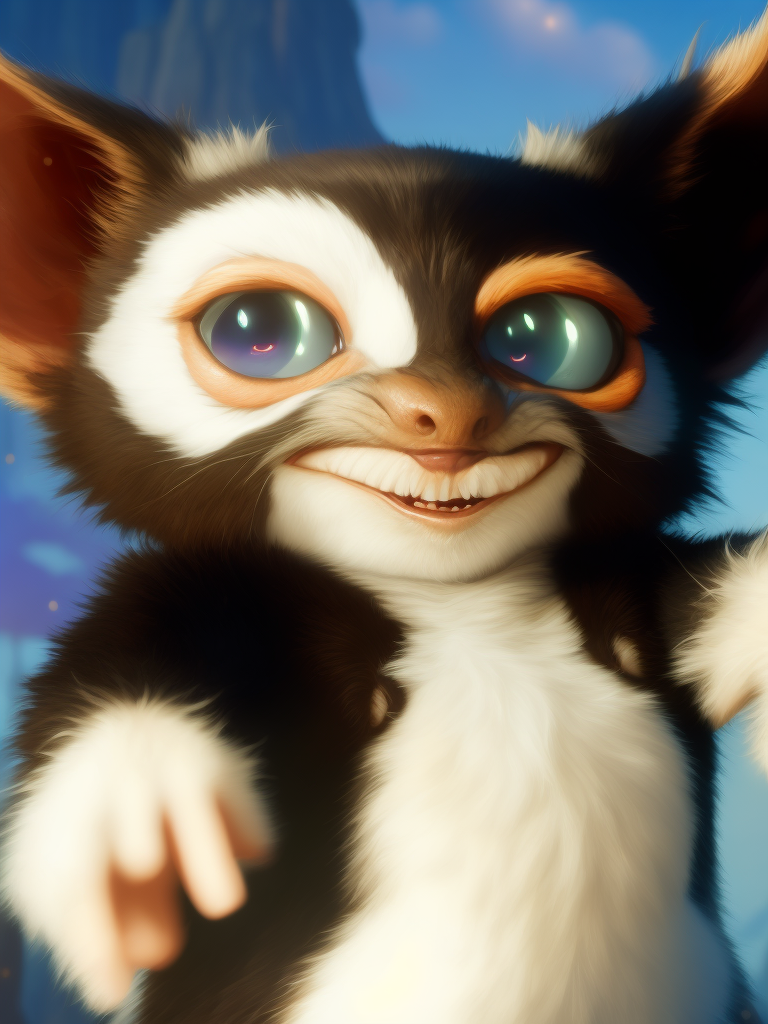 Cutest gremlin smiling in a Wonderland, big dreamy eyes, bright and saturated colors, highly detailed, sharp focus, Dramatic Lighting, psychedelic, fairy tale