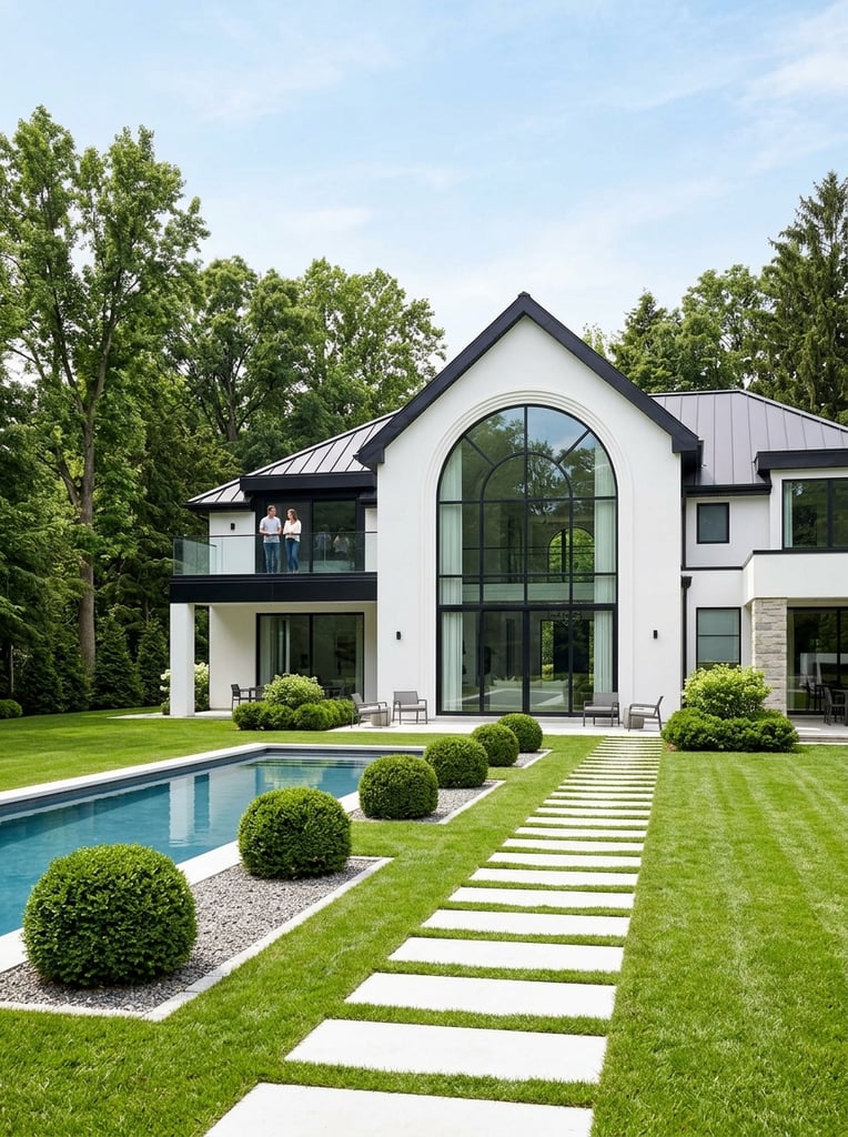 Modern white mansion with a massive central arched window, dark pitched roof, and black balcony holding two figures. A white stepping-stone path and rectangular pool with spherical topiaries sit in a manicured lawn surrounded by tall trees. Bright daylight architectural rendering.