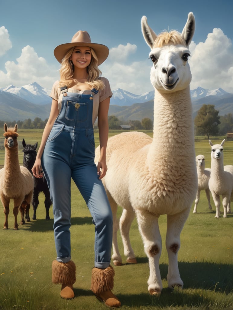 Draw a happy young woman with blonde hair wearing furry slippers on her feet that look like small llamas. The woman wears a large cowboy hat and denim overalls, and is standing in a field with llamas shown in the background.