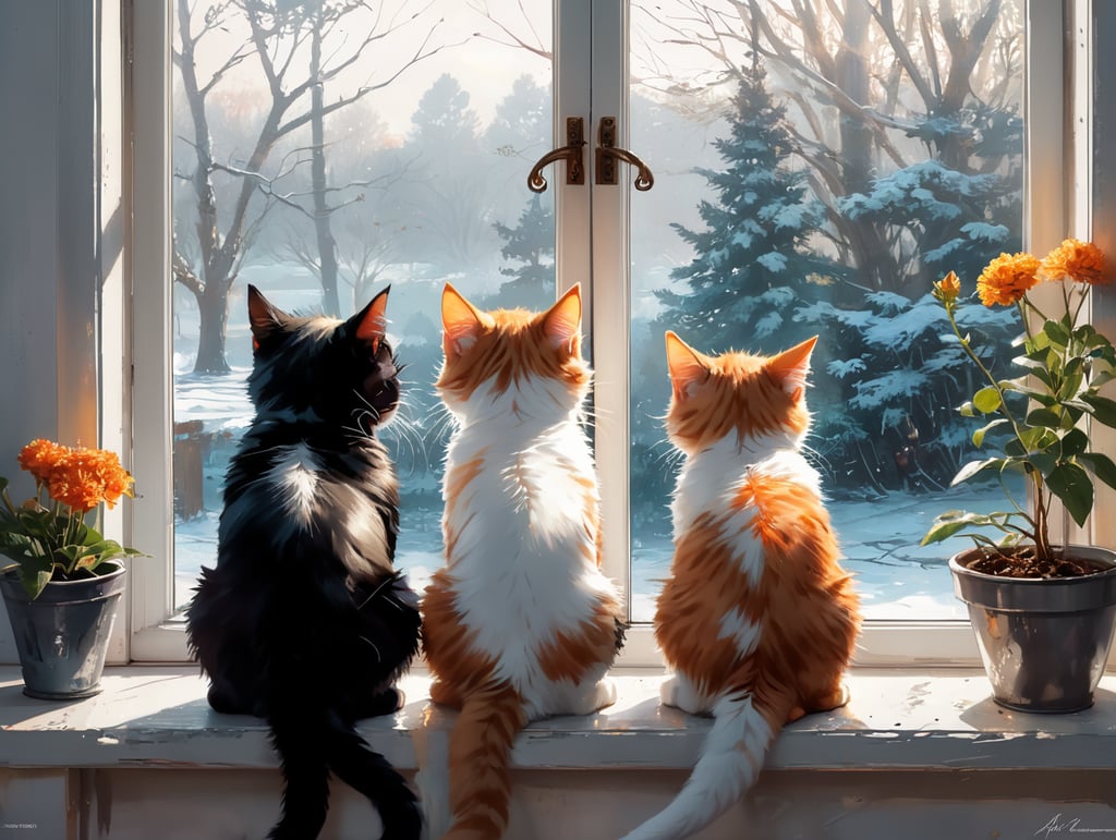 Back view of a black and white kitten, a ginger kitten and a tabby kitten, sitting on a windowsill looking at a wintery garden