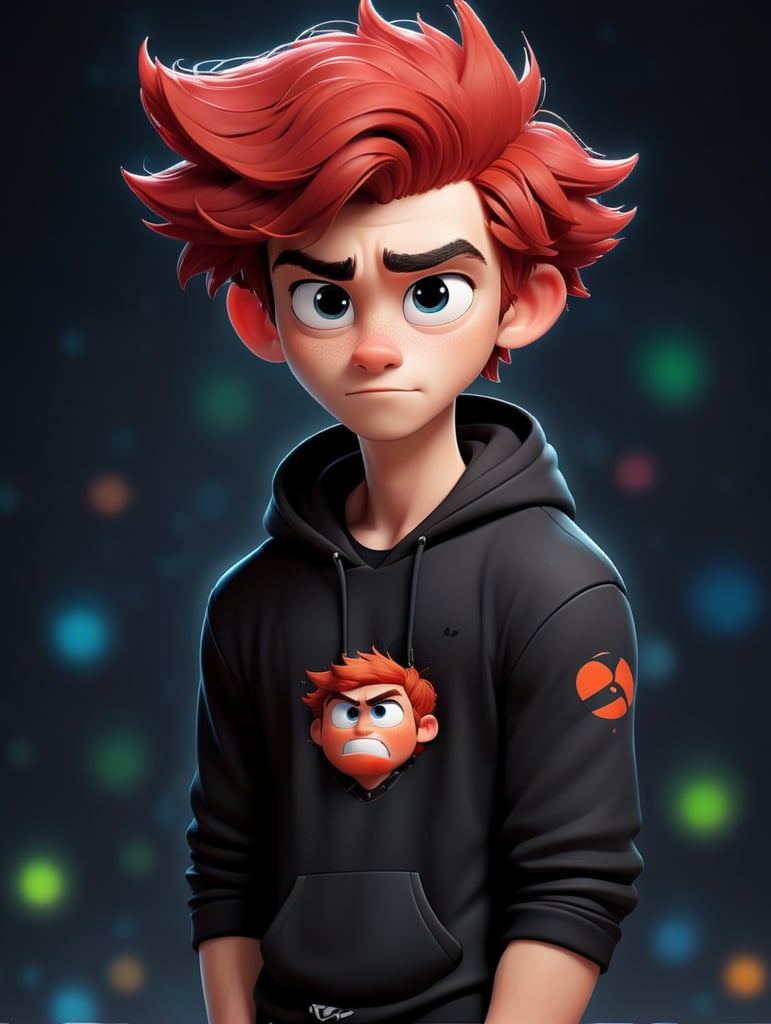 male anime teenager with messy red hair wearing a black hoodie