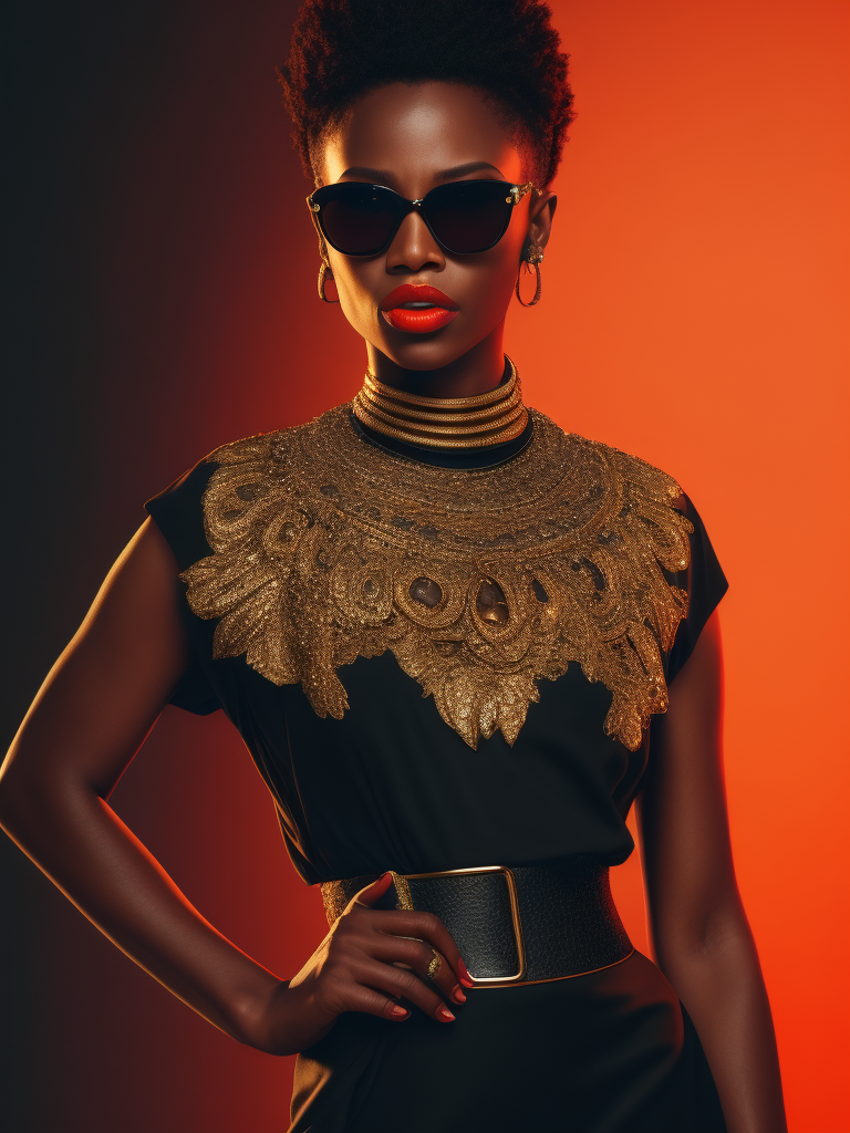 Black female model standing in waist-length black fluid, wearing black fashion dress, red lighting, black sunglasses, thick gold necklace around her neck, short haircut, red-orange background, fashion model, magazine cover, professional shot, magazine photography, bright saturated colors, sharp focus, highly detailed