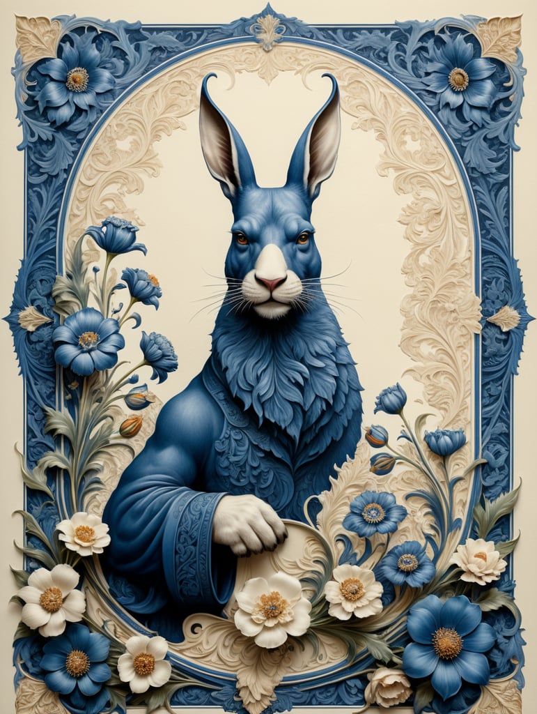 Two-tone blue ink on cream letterpress with Churchill and floral flamboyant frame design, blank space in center for text, in the style of William Morris