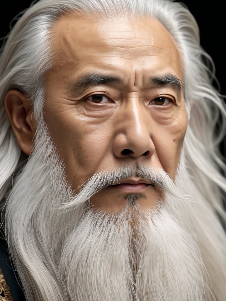 Wise old japanese man from tokyo with a long white beard, intricate, sharp focus, fantasy, cinematic lighting, other worldy, surreal 8k photo, dark moody aesthetic