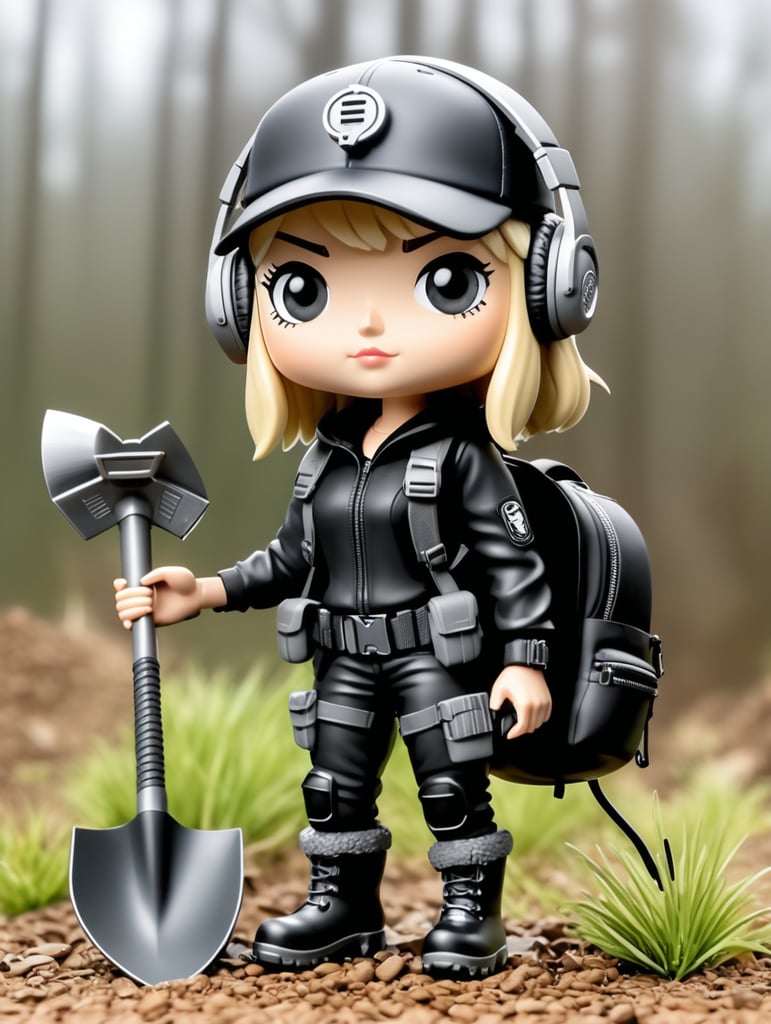 Female funko pop character with short length straight blonde hair wearing black cap and headphones black clothes with grey wellies and holding a metal detector in one hand and a shovel in the other hand with a back pack on and a tool belt around the waste