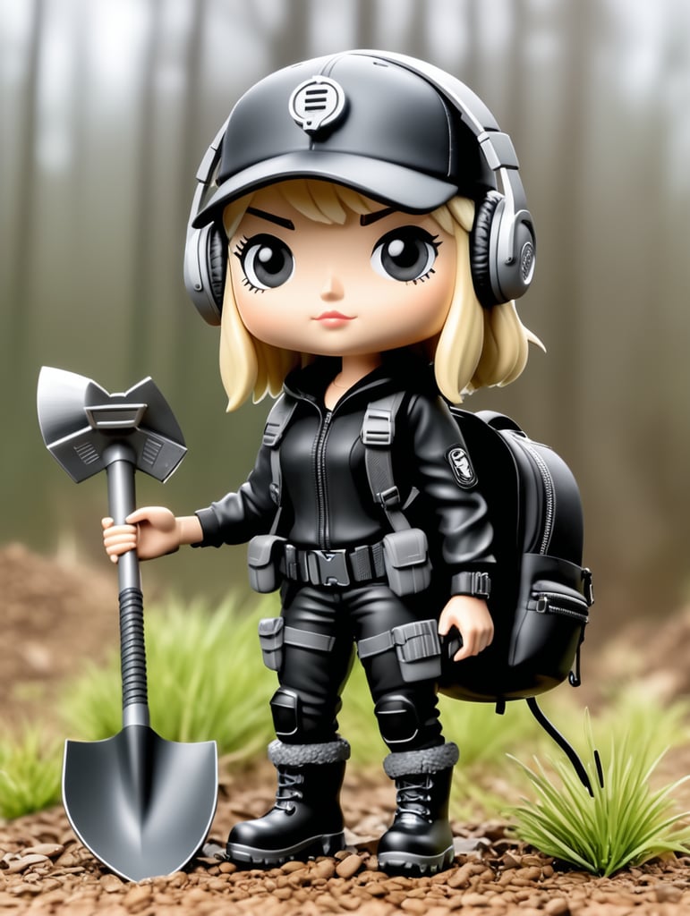 Female funko pop character with short length straight blonde hair wearing black cap and headphones black clothes with grey wellies and holding a metal detector in one hand and a shovel in the other hand with a back pack on and a tool belt around the waste