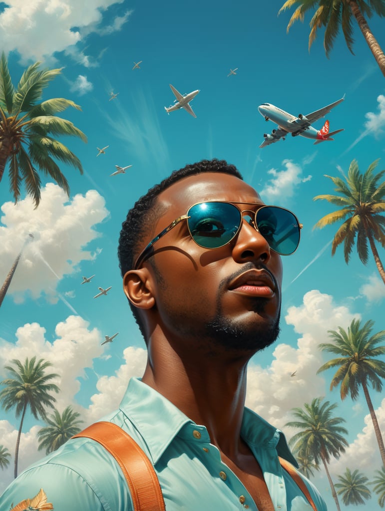 Pin up art, portrait, a black man raised his head up, looks at the sky, sunglasses, one airplane flies in a clear sky and leaves a mark, summer, palms around, palms reflected on a sunglasses, turquoise shades, style by Gil Elvgren