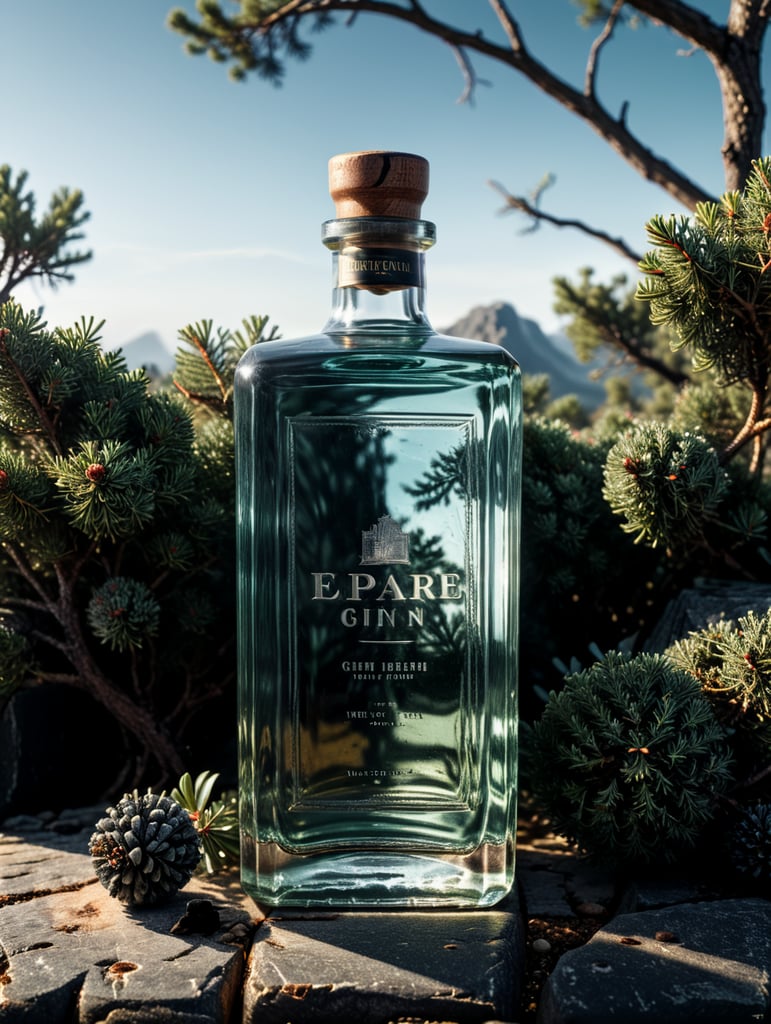 professional photography of a square gin bottle, square bottle, surrounding a juniper and juniper berries, one shot of gin in a front, no label, clear, mockup