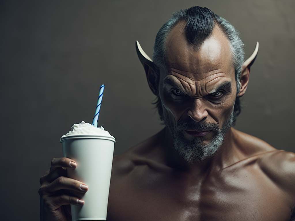 un diablo con rostro humano, fuerte e imponente tomando una malteada de vainilla