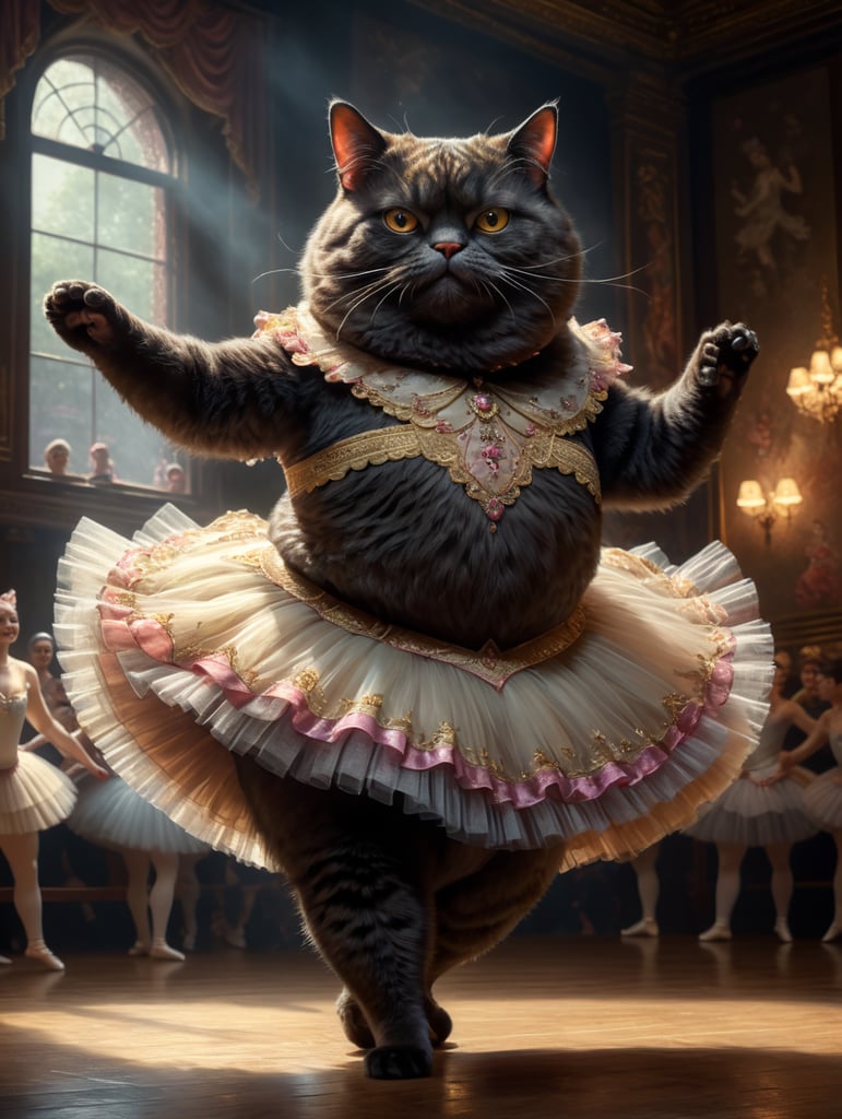жирный кот в балетной пачке танцует балет