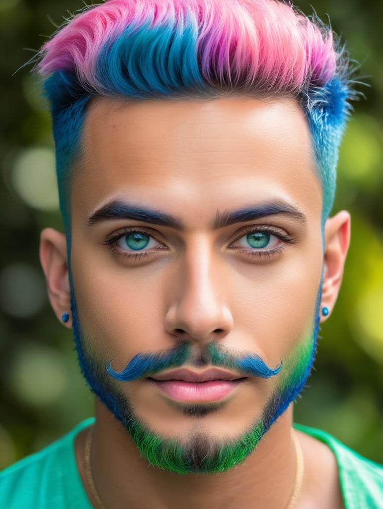 brazilian young man with make up in rainbow colors, blue eyes, blue mustache, pink brows, green beard, realistic drag queen