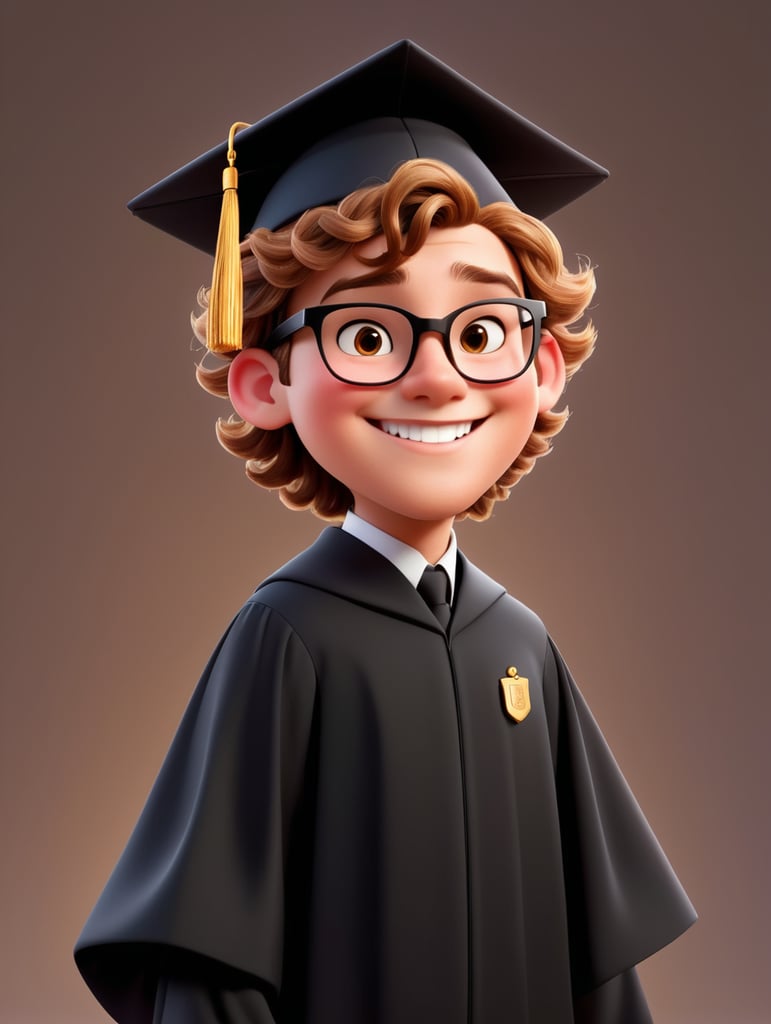 the young 18 years old man stands proudly in his black cap and black gown, radiating a sense of accomplishment and hope. beatiful smile. disney pixar sytle. Light brown hair. chin a little square. bow tie. beautiful ears. Caucasian skin. short light brown curly hair with shaved aside. Black square glasses. Brown eyes. Chubby rosy cheeks.