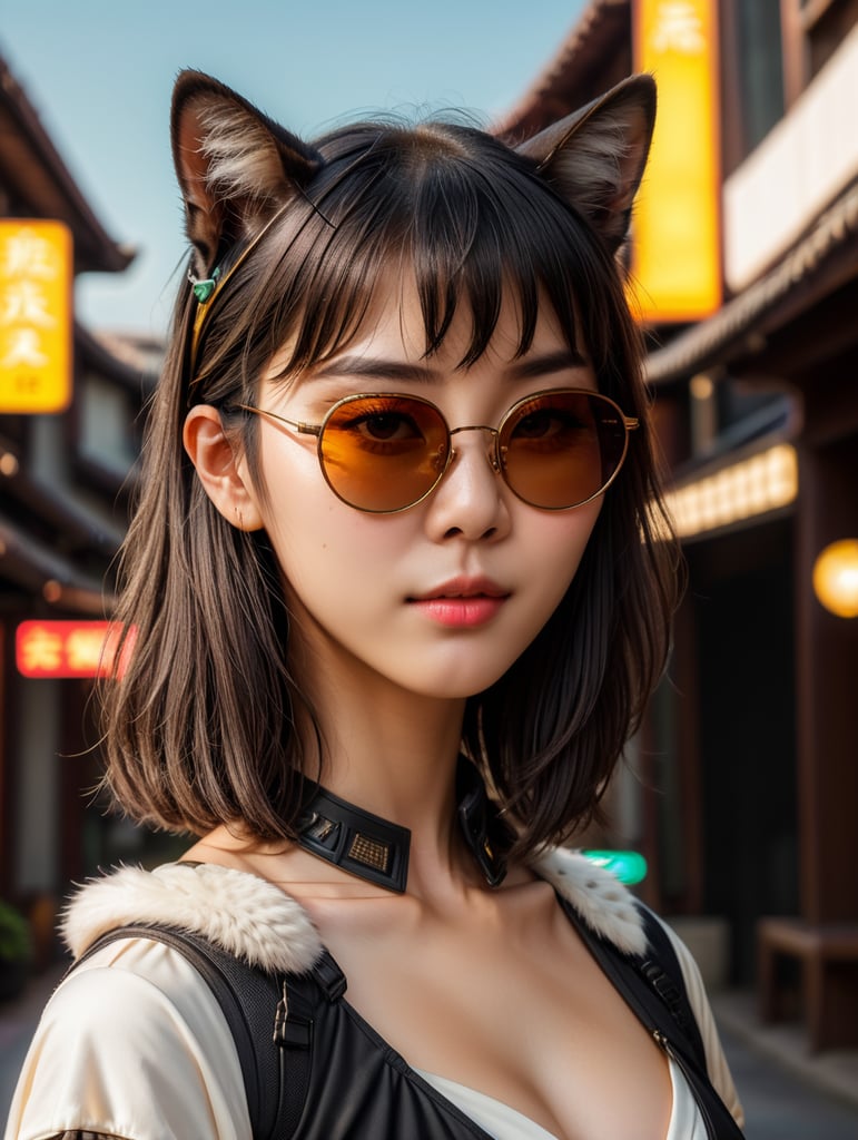 Premium AI Image, modern anime character of Chinese girl AI generated, neon, sunglasses, small cat, lizard