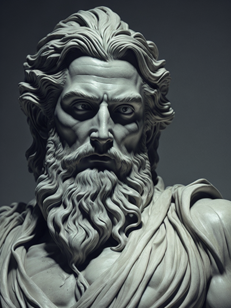 dark marble statue of zeus, dark atmosphere, sharp on details, tee shirt white