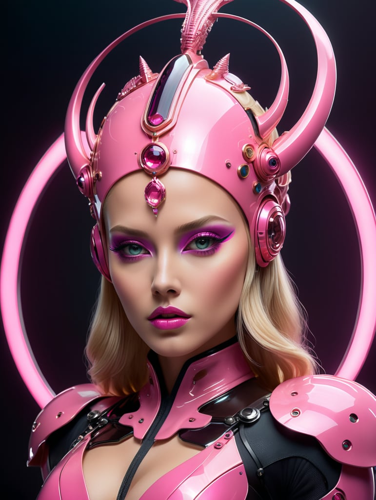 A beautiful blonde female pop artist all pink sleek futuristic outfit, with huge headpiece center piece, clean makeup, with depth of field, fantastical edgy and regal themed outfit, captured in vivid colors, embodying the essence of fantasy, minimalist