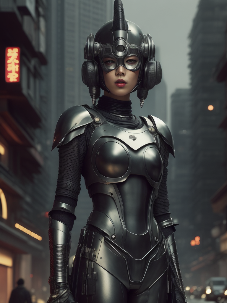 girl dressed in chrome mask and realistic cyberpunk outfit, the mask is metallic, a bit robotic, vintage medium shot 1920's poster with corean ethnicity, with background of futuristic style buildings and futuristic rockets, a little geisha, with a chrome, metallic color mask