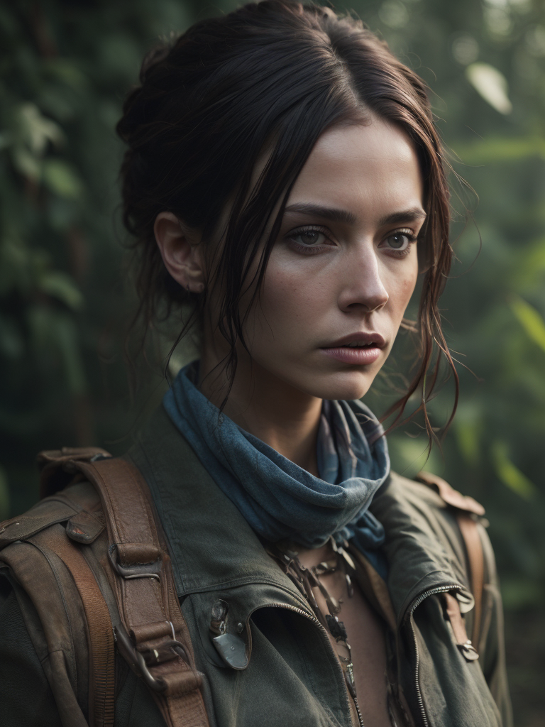 Generate similar images, hyper realistic, hyper detailed female post-apocalyptic full body outfit