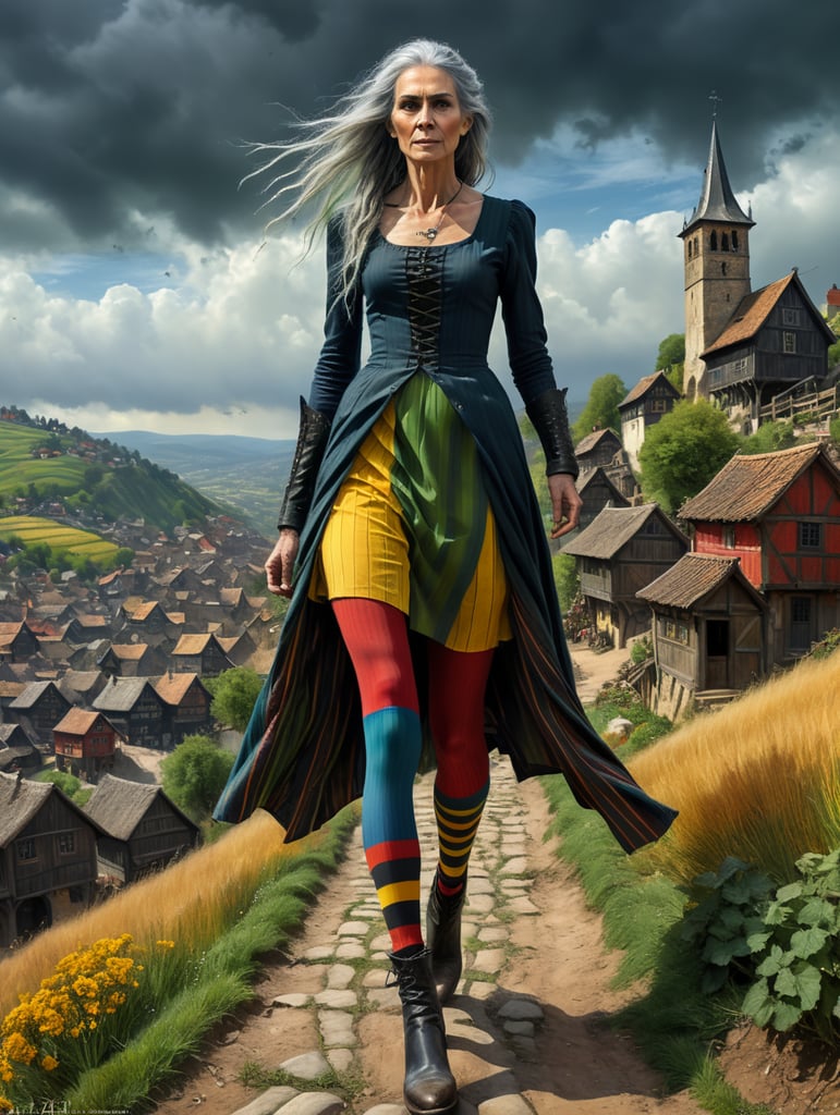 A very tall witch, very old and ugly, skinny with long lank grey hair, a long nose wearing a long grubby black dress scruffy and torn, down to her calves and buttoned up to her throat. She wears striped leggings, blue and green stripes on one leg, red and yellow on the other leg, glimpsed under her dress and black boots. Striding up a hill with a medieval village viewed in the valley below. Flocks of crows circling in the sky. Overcast sky, with dark clouds.