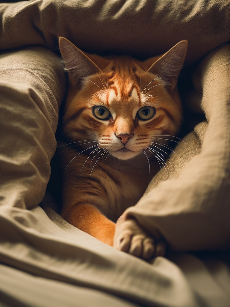 Рыжий кот спит со смешным лицом на кровати с бежевым одеялом. В стиле реализм.