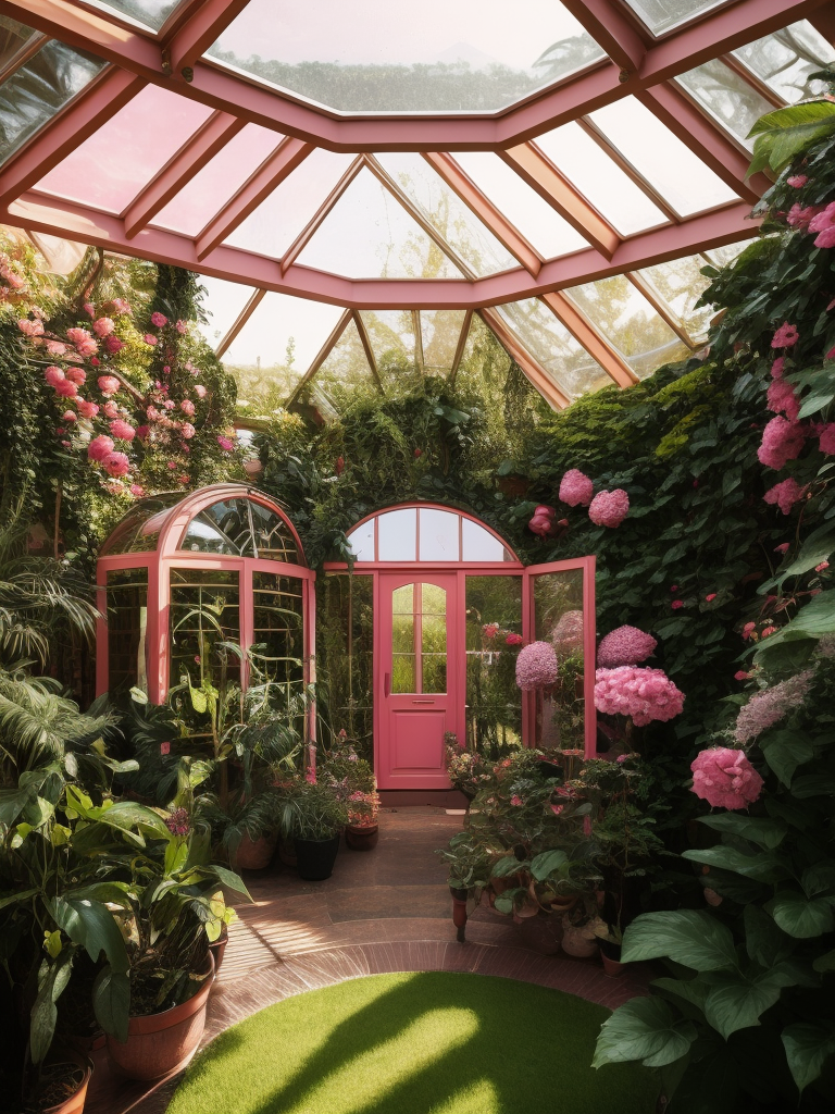 Architectural photo of a maximalist pink solar greenhouse interior with lots of flowers and plants, golden light, hyperrealistic surrealism, award winning masterpiece with incredible details, epic stunning pink surrounding and round corners, big windows, art space, green house walls and celling