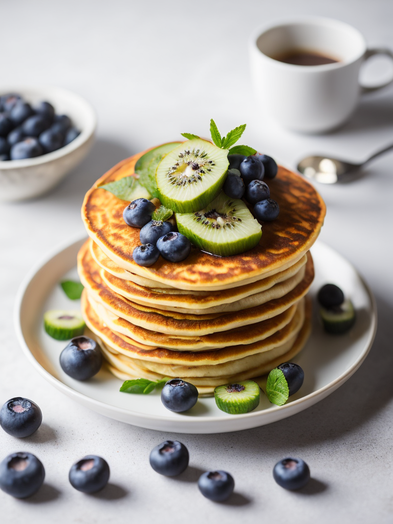 Pancakes with blueberry and kiwi decorated with chamomile flowers, bright atmosphere, Provence, Depth of field, Incredibly high detailed