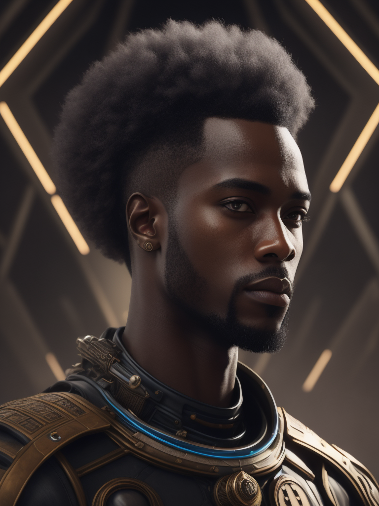 portrait of a male character, afro, with futuristic touches and that is an African god