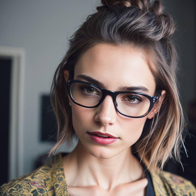 a portrait of a women wearing reading glasses