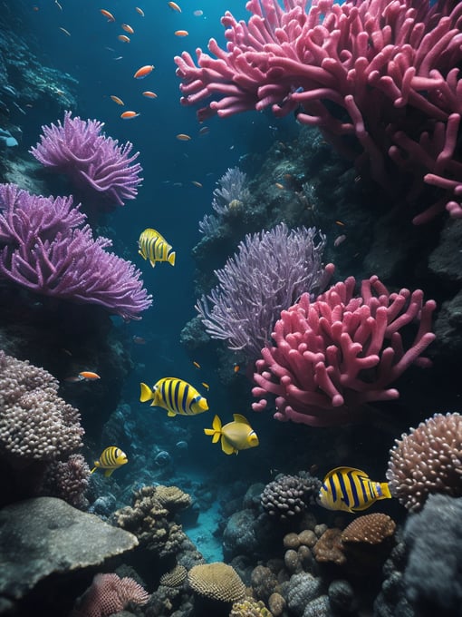 Bring to life a magical underwater scene with colorful coral reefs and exotic fish