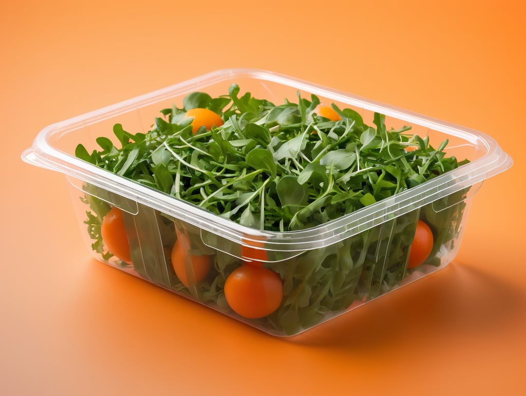 blank Transparent Plastic Container with Arugula Salad, isolated, orange background, Mockup, mock up