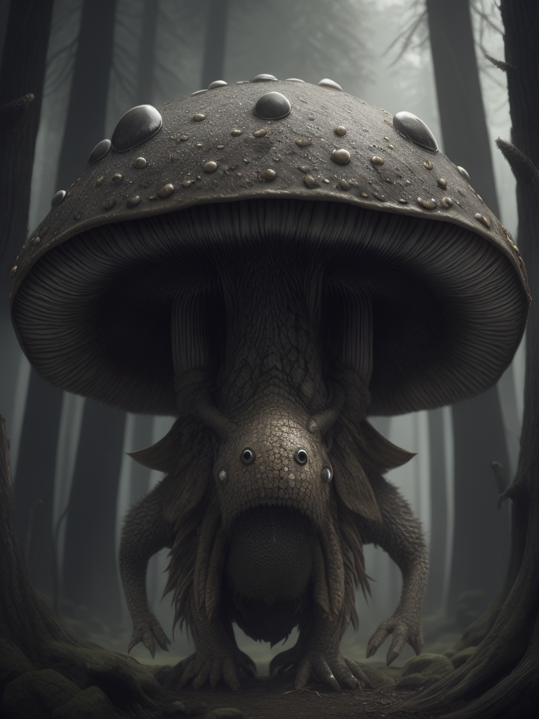 mushroom monster, black and white illustration