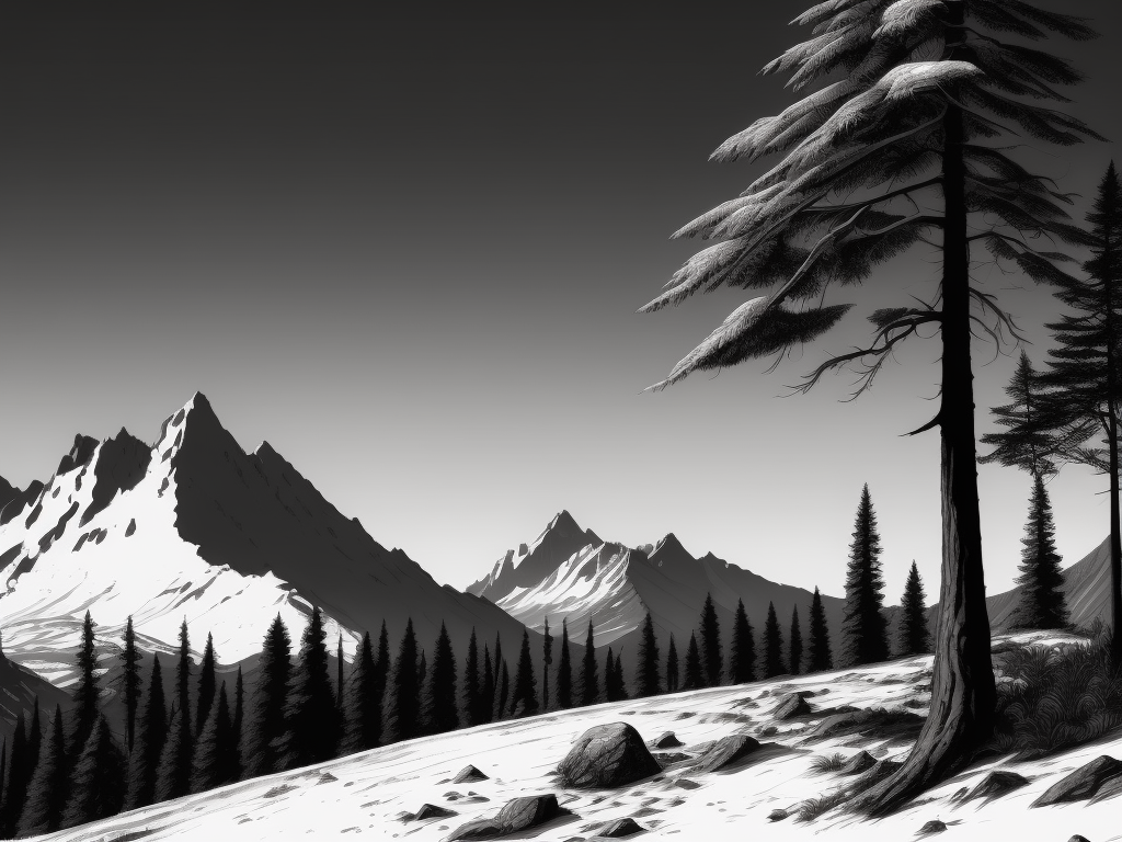 simplistic outdoors scene with sparse pine trees, black and white pen and ink drawing, contain entire mountain range within image, do not crop