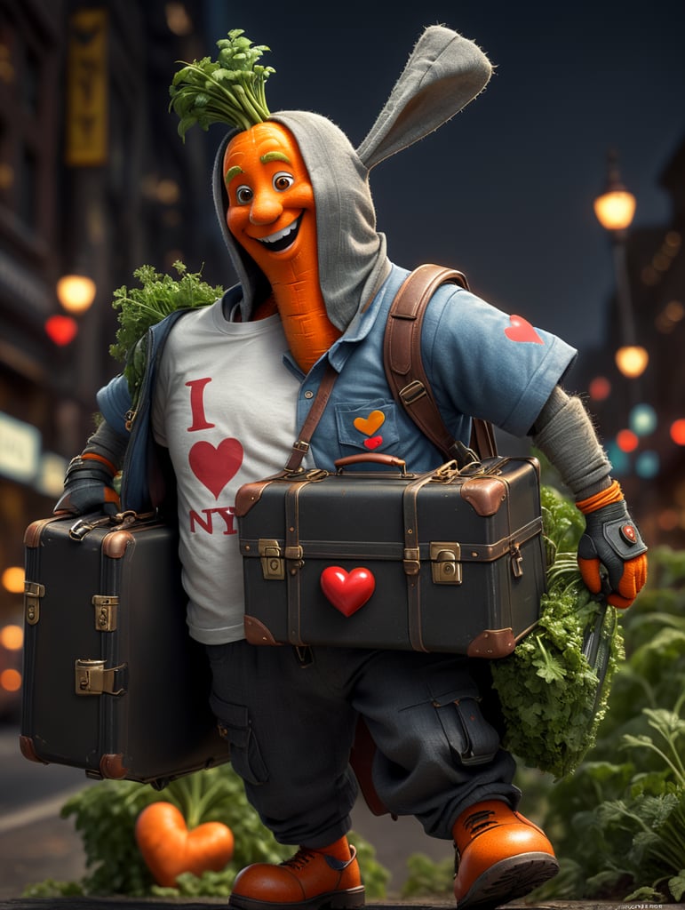 Anthropomorphic travelling carrot character smiling, carrying suitcase and wearing white “I love NY” shirt with red heart symbol on it