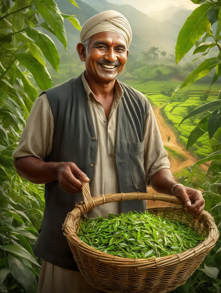 smiling Indian tea farmer holding green tea leaves in a bamboo basket in his hands, tea lover , farming life, tea harvest, tea leaves, tea plantation, fresh harvest, tea production, handcrafted tea, tea indulgence,