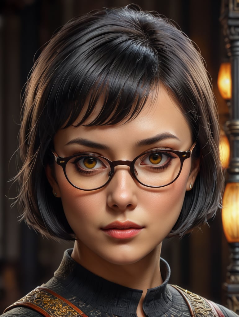 Жена с черна къса коса, къс бретон,очила и кафяви очи