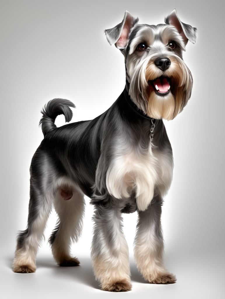 happy Schnauzer, [clean hair cut] competition side photo, [happy Schnauzer, [clean hair cut] competition side photo, standing on all fours, so you can see the clean hair cut, gray color, studio photo, white background, studio lighting, photo realistic. ar 6:4] standing on all fours, so you can see the clean hair cut, gray color, studio photo, white background, studio lighting, photo realistic. ar 6:4