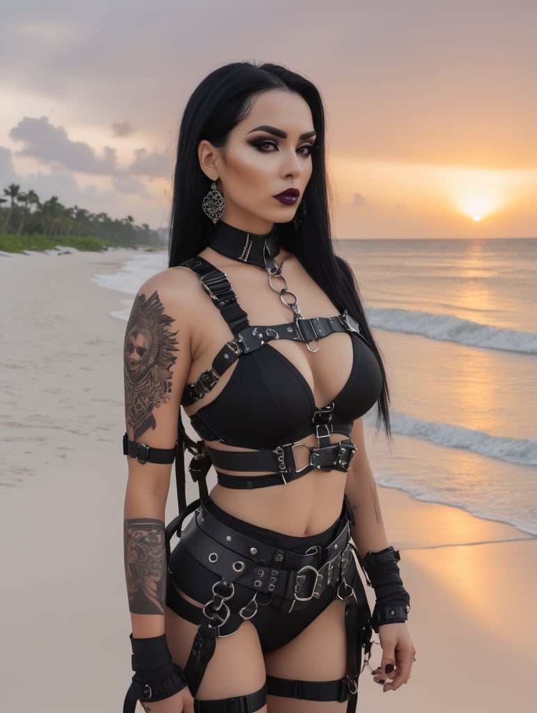 world's most beautiful goth woman, on a tropical beach, sunset, wearing a black harness