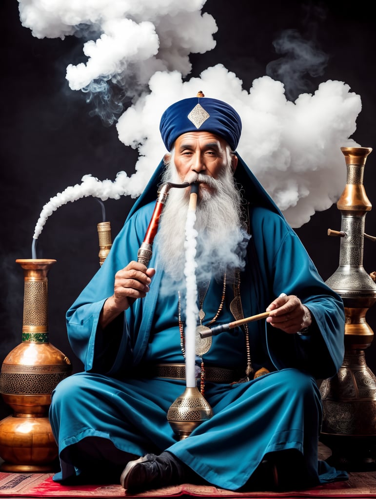 old wizard with a long beard sitting cross-legged, smoking a large hookah pipe with a huge cloud of smoke above him