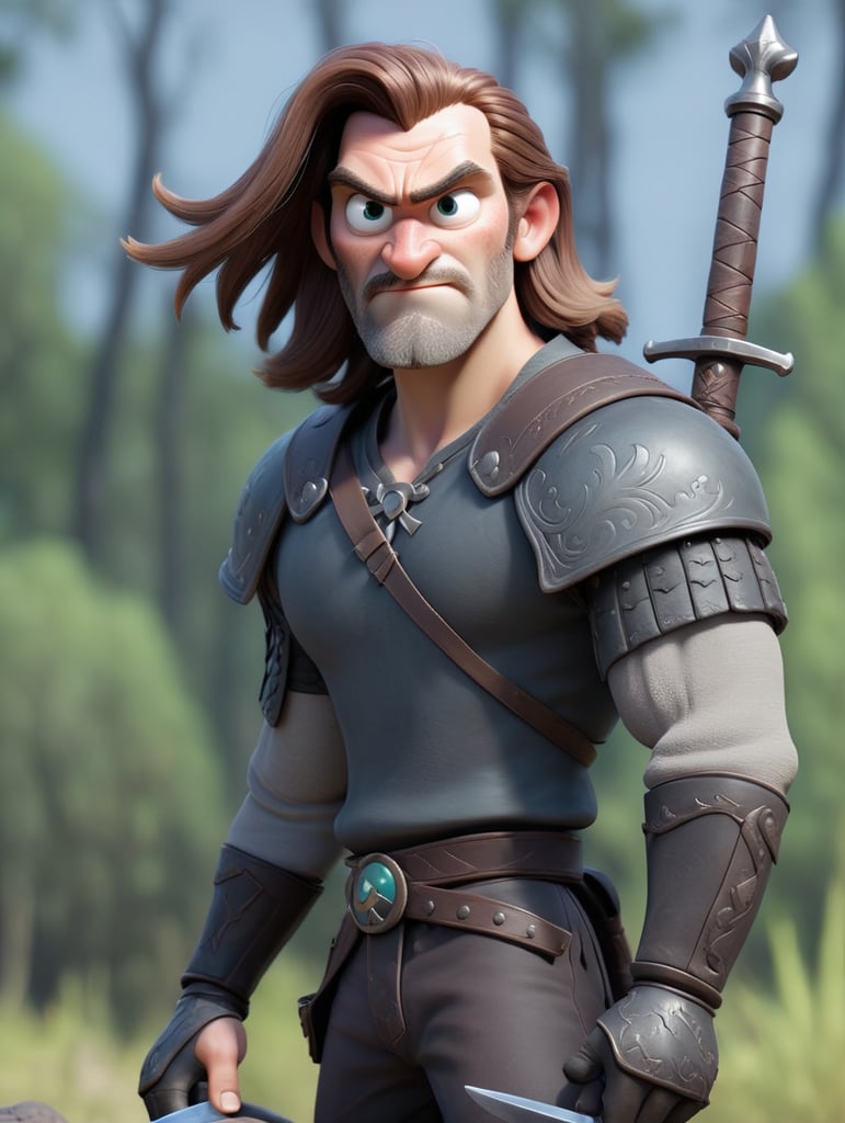 The witcher. A tall man with ashen long hair and two swords on his back