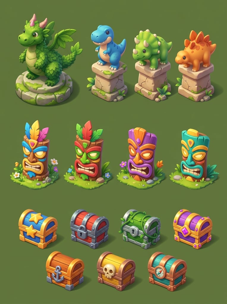 isometric game assets on solid olive green background, topiary green dragon with pink horn on stone base, three chubby cartoon dinosaur statues on cracked pedestals, four vibrant stylized tiki masks in grass patches, bottom row of seven diverse brightly colored mini treasure chests, smooth soft digital shading, casual playful 3D rendered style