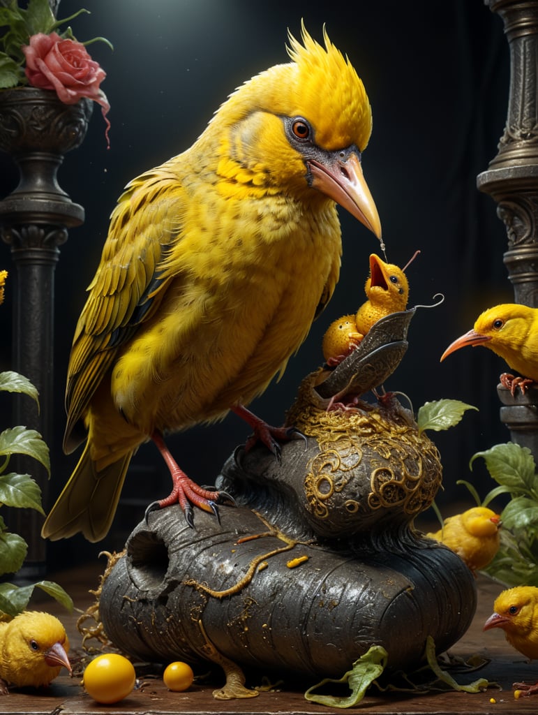 Yellow bird with a topcoat sitting on a stage eating a worm