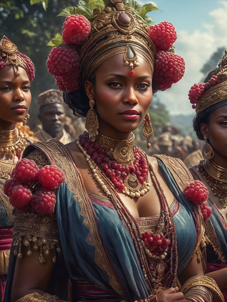 Portrait of a Beautiful women from African fairy tale wearing traditional costume around bunches of raspberry