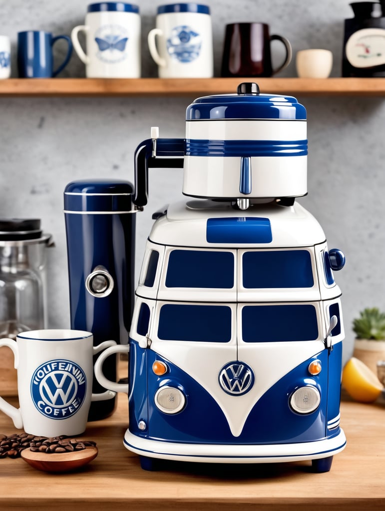 a vintage coffee maker shaped like a blue and white volkswagen kombi, grain grinder on top, coffe mug, kitchen, realistic