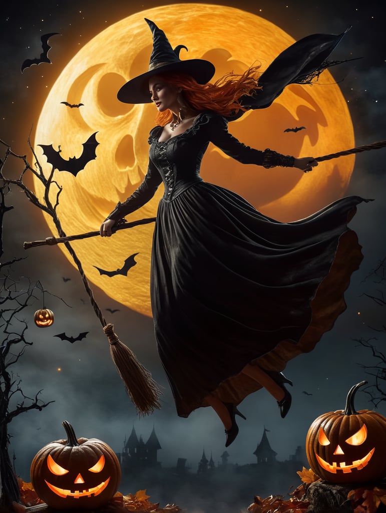 Halloween pumpkin scene, dramatic lighting at night, around the pumpkin, but in the night sky the silhouette of a witch flying on a broomstick, crescent moon and stars. Depth of field.